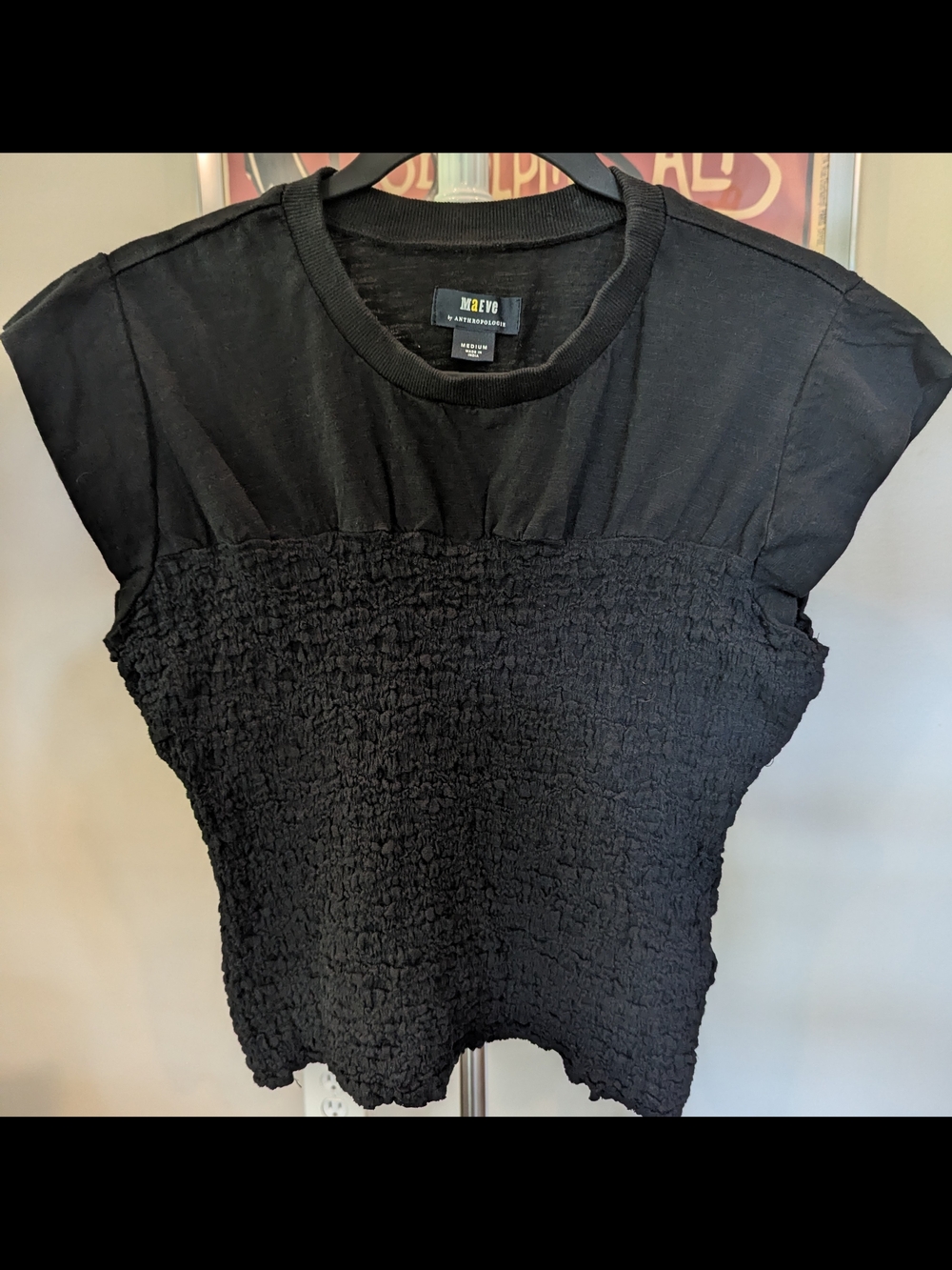 $22 Anthropologie Maeve Size M Smocked Muscle Top Black Cap Sleeve Tee EUC